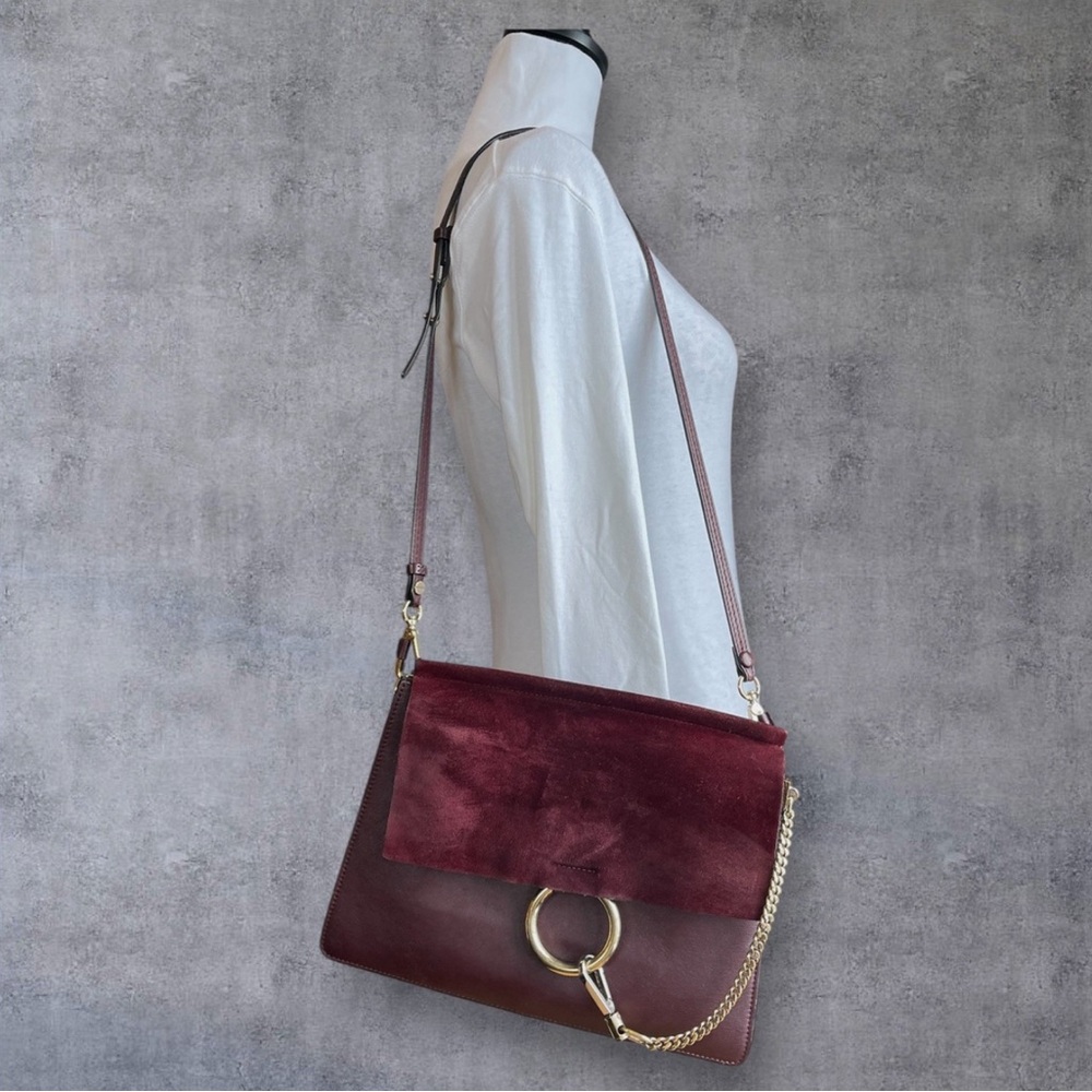 Chloe Faye Leather & Suede Shoulder Bag OXBLOOD Burgundy Gold Purse